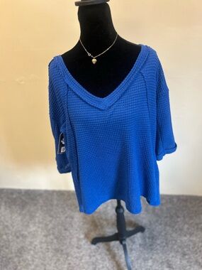 Zenana Blue Waffle Knit V-Neck Top